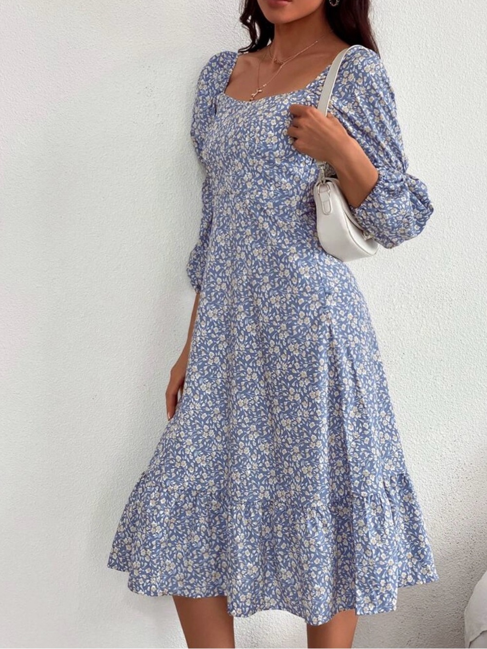 Blue Floral Square-Neck Midi Dress